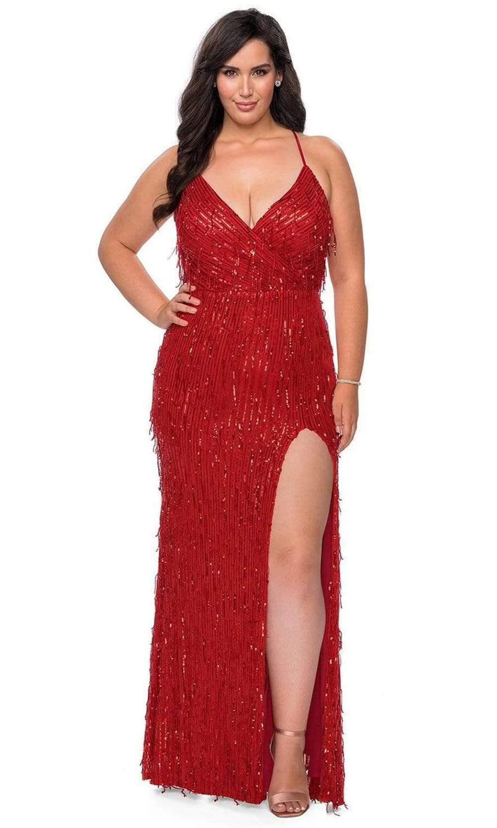 La Femme - 29013 Sequined Plunging V-neck Sheath Dress Evening Dresses 12W / Red
