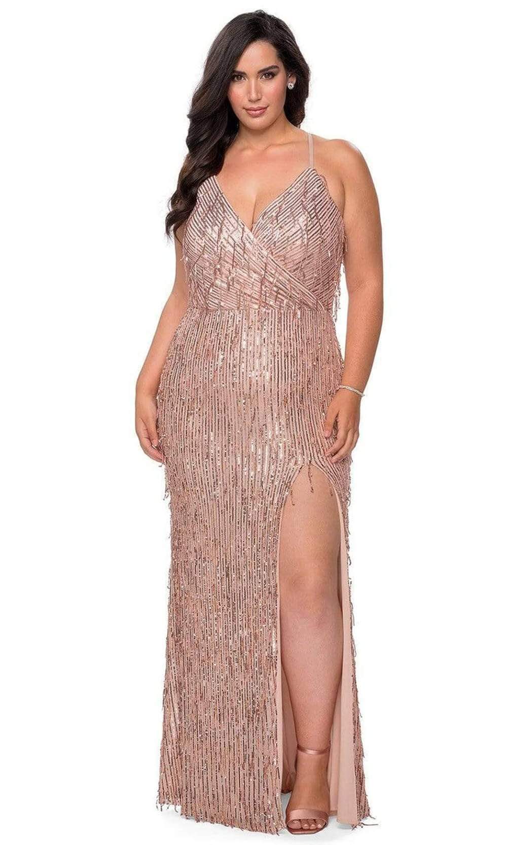 La Femme - 29013 Sequined Plunging V-neck Sheath Dress Evening Dresses 12W / Rose Gold