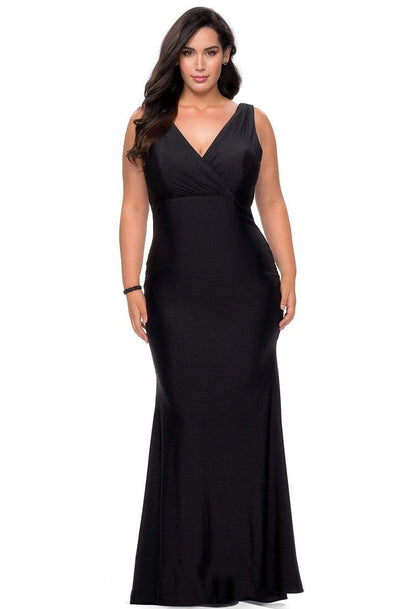 La Femme - 29016 Sleeveless V Neck Long Jersey Gown Evening Dresses 12W / Black