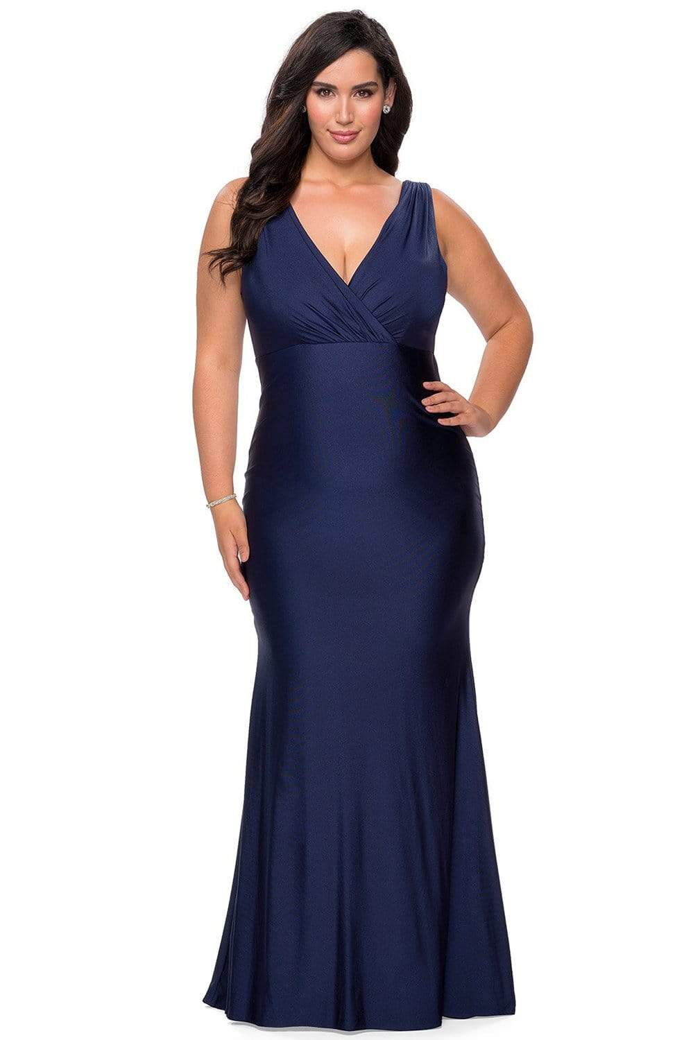 La Femme - 29016 Sleeveless V Neck Long Jersey Gown Evening Dresses 12W / Navy