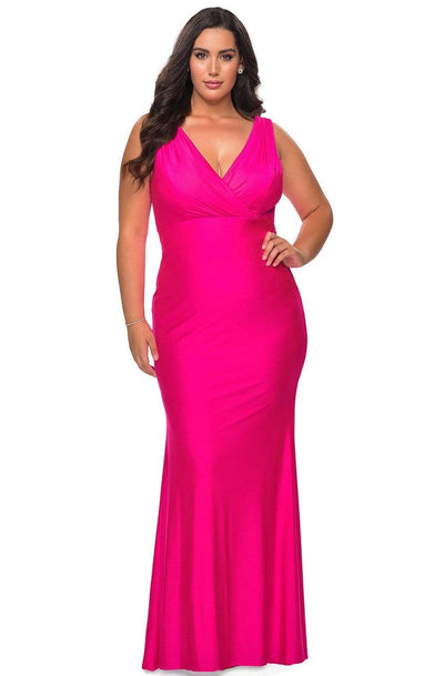 La Femme - 29016 Sleeveless V Neck Long Jersey Gown Evening Dresses 12W / Neon Pink