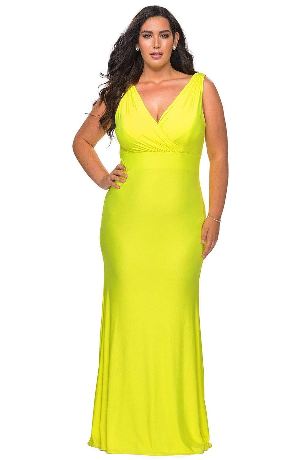 La Femme - 29016 Sleeveless V Neck Long Jersey Gown Evening Dresses 12W / Neon Yellow