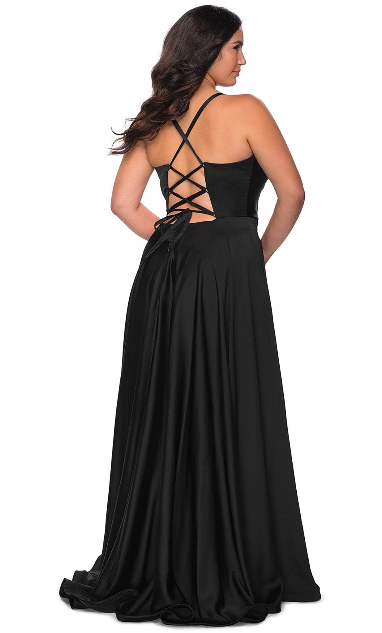 La Femme - 29033 Plunging V-neck Satin A-line Gown Evening Dresses