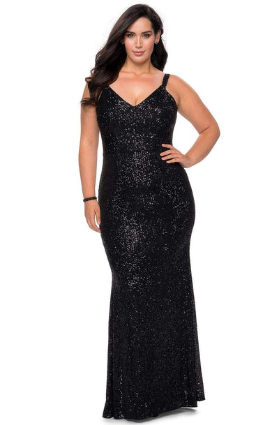 La Femme - 29037 Sequined V-neck Sheath Dress Prom Dresses 12W / Black