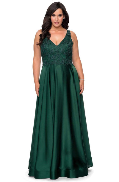 La Femme - 29039 Lace Bodice High Slit Satin Gown Evening Dresses 12W / Emerald