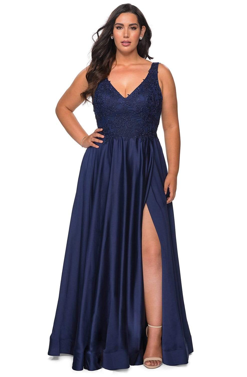 La Femme - 29039 Lace Bodice High Slit Satin Gown Evening Dresses