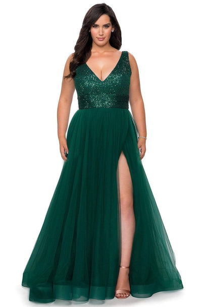 La Femme - 29045 Sequined V-Neck High Slit Gown Evening Dresses 12W / Emerald