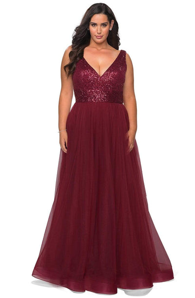La Femme - 29045 Sequined V-Neck High Slit Gown Evening Dresses 12W / Wine