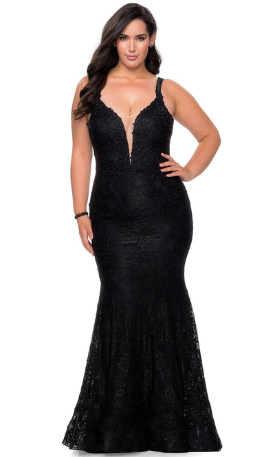 La Femme - 29052 Plunging Sweetheart Lace Mermaid Gown Evening Dresses 12W / Black