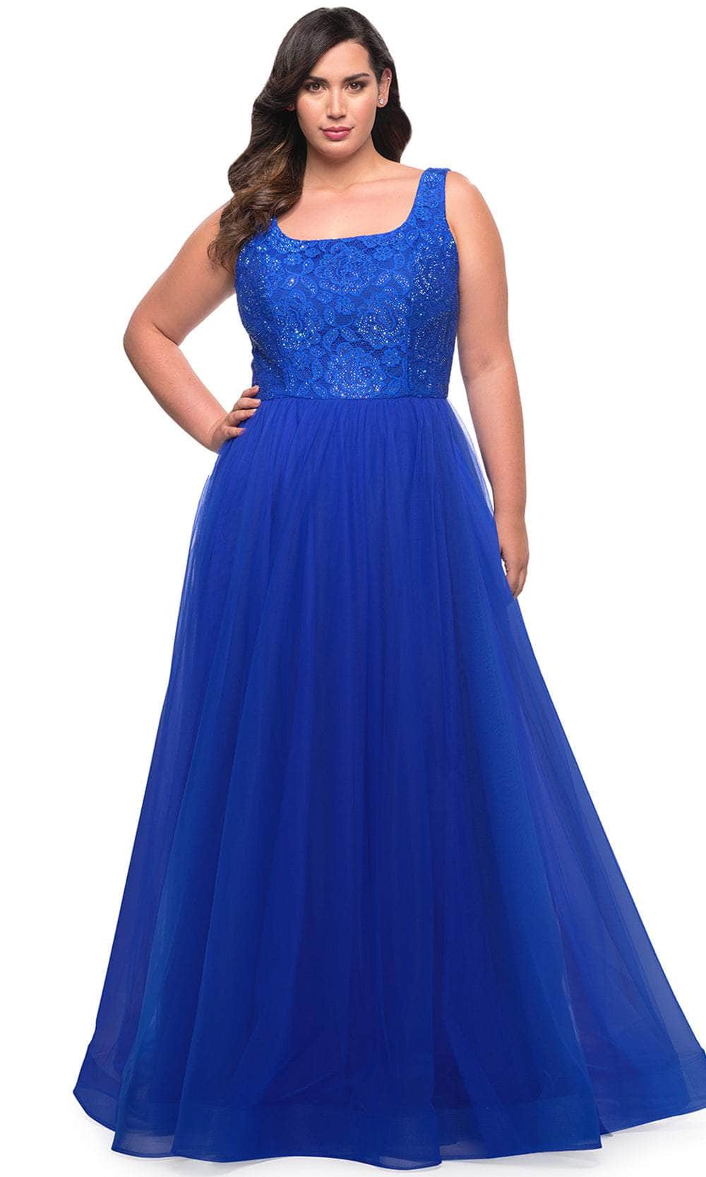 La Femme 29070 - Long Tulle A Line Dress - Sleeveless, Beaded, Tulle, Back Zipper, Plus Size, High Slit, Train 14W / Royal Blue La Femme 29070 - Long Tulle A Line Dress - Sleeveless, Beaded, Tulle, Back Zipper, Plus Size, High Slit, Train 14W / Royal Blue