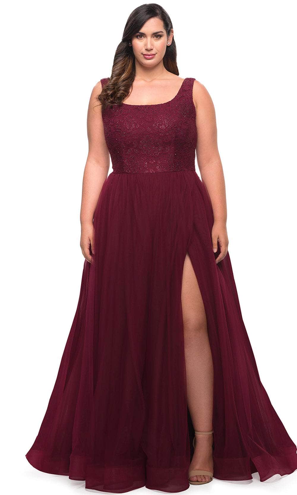 La Femme 29070 - Long Tulle A Line Dress - Sleeveless, Beaded, Tulle, Back Zipper, Plus Size, High Slit, Train ADASA La Femme 29070 - Long Tulle A Line Dress - Sleeveless, Beaded, Tulle, Back Zipper, Plus Size, High Slit, Train ADASA