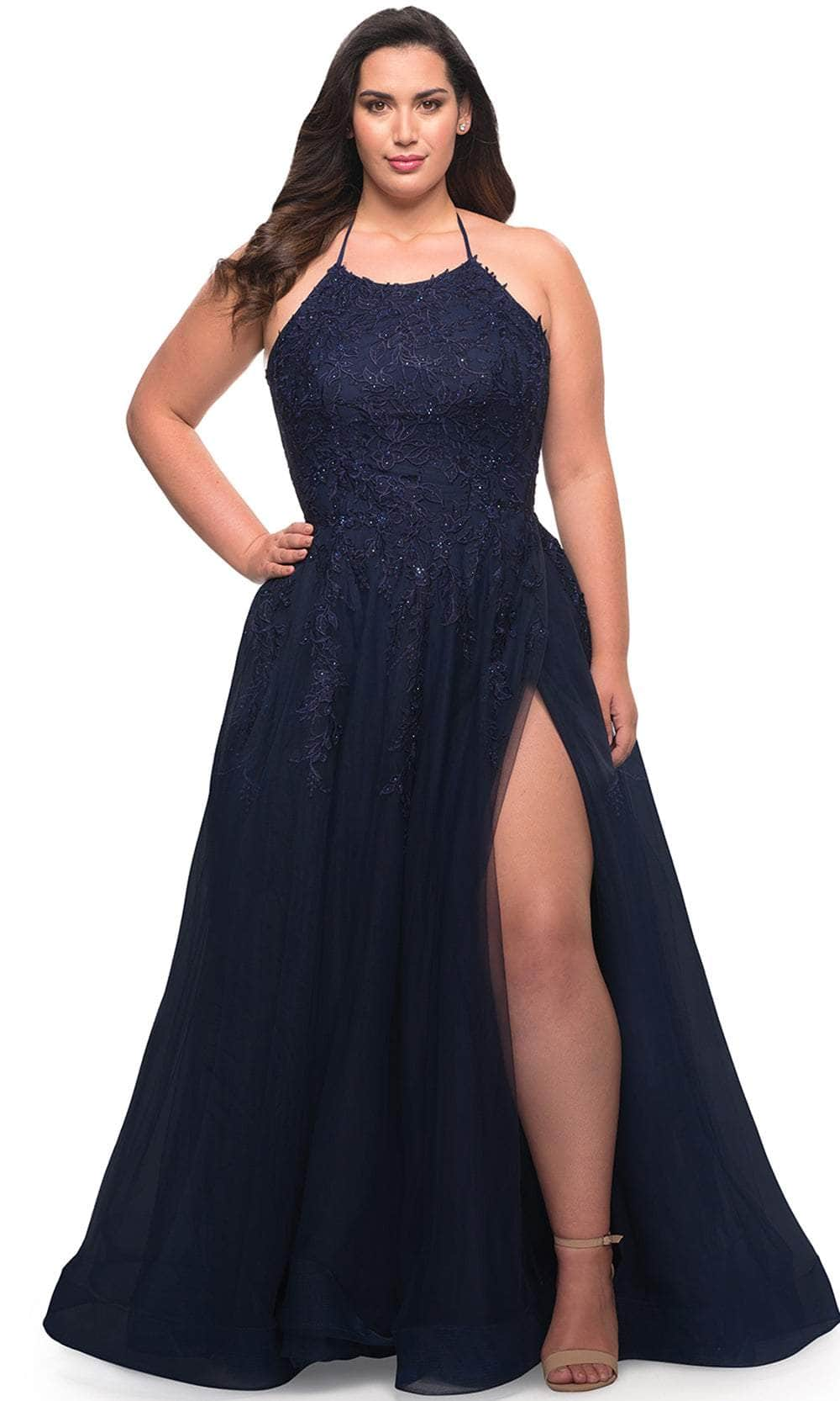 La Femme 29071 - Halter Beaded Ballgown Special Occasion Dress 12W / Navy