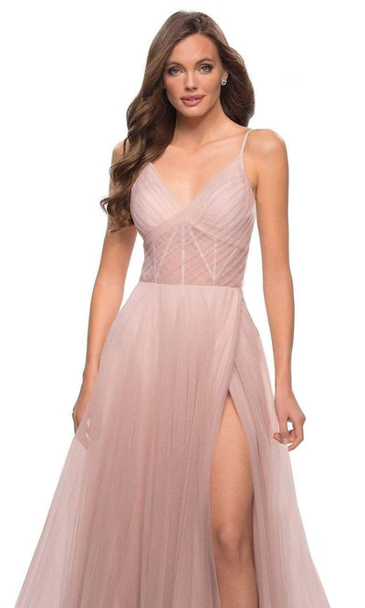 La Femme - 29076 V-Neck Semi-Sheer Bodice High Slit A-Line Gown Special Occasion Dress