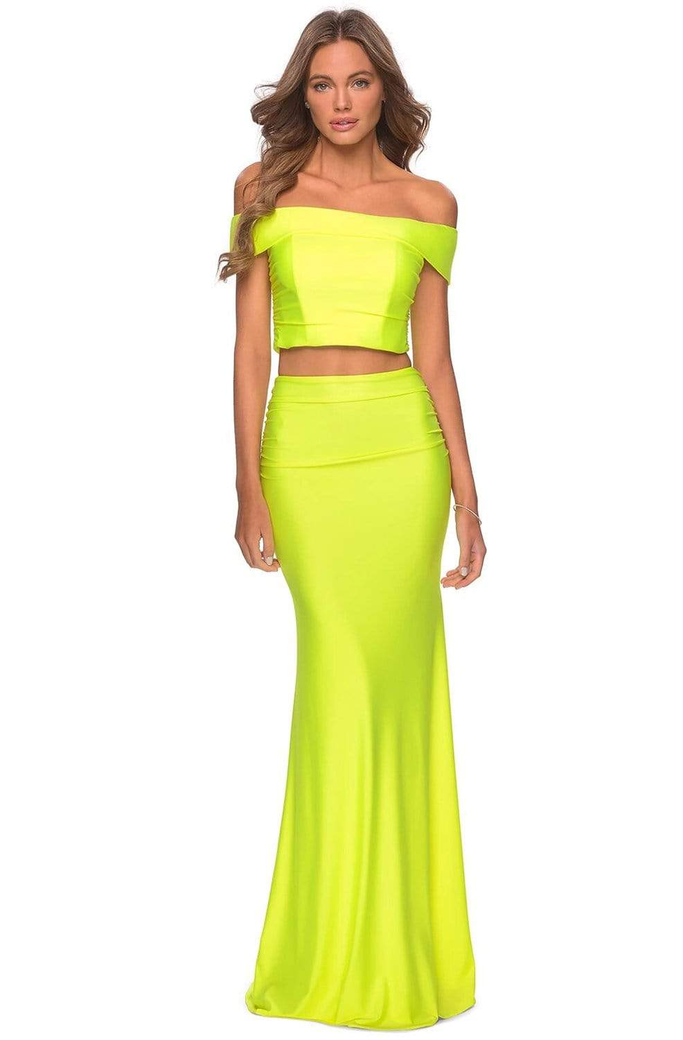 La Femme - 29146 Two Piece Off-Shoulder Jersey Sheath Dress Evening Dresses 00 / Neon Yellow