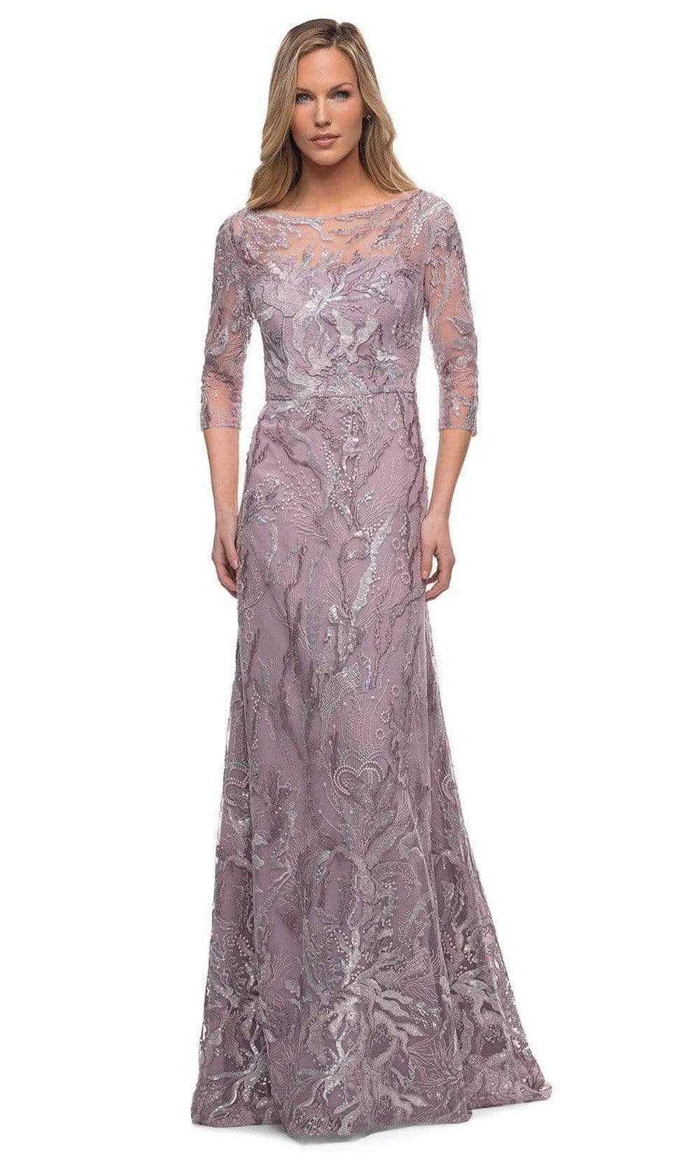 La Femme - 29233 Sheer Sleeve Embroidered A-line Gown Mother of the Bride Dresses 2 / Mauve