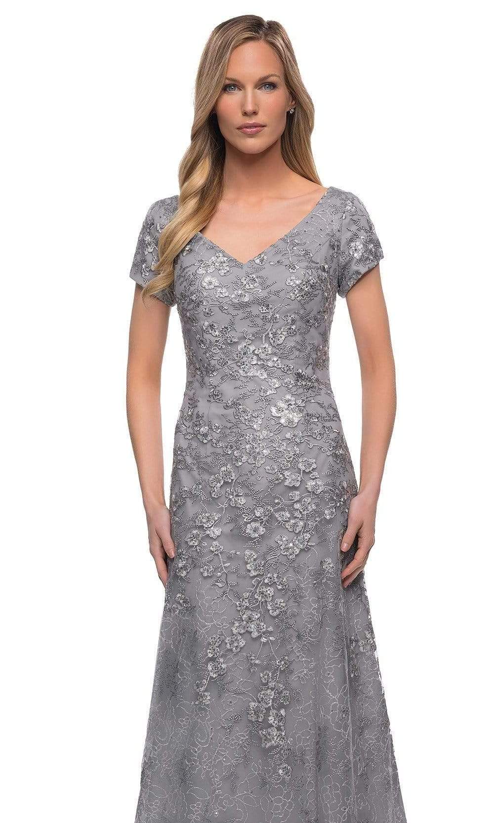 La Femme - 29291 V Neck Embroidered Modest Dress Mother of the Bride Dresses In Silver