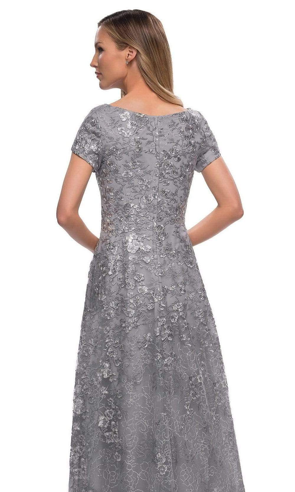 La Femme - 29291 V Neck Embroidered Modest Dress Mother of the Bride Dresses In Silver