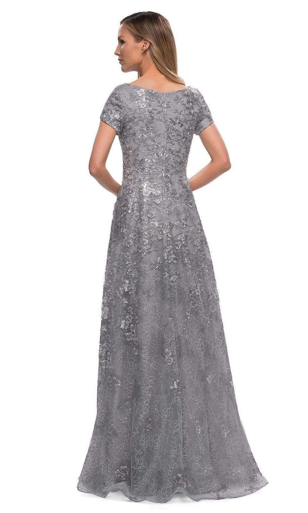 La Femme - 29291 V Neck Embroidered Modest Dress Mother of the Bride Dresses In Silver