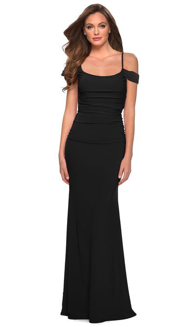 La Femme - 29358 Scoop Neck Ruche Ornate Cutout Long Dress Prom Dresses 00 / Black