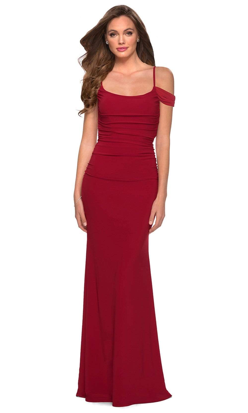 La Femme - 29358 Scoop Neck Ruche Ornate Cutout Long Dress Prom Dresses 00 / Red