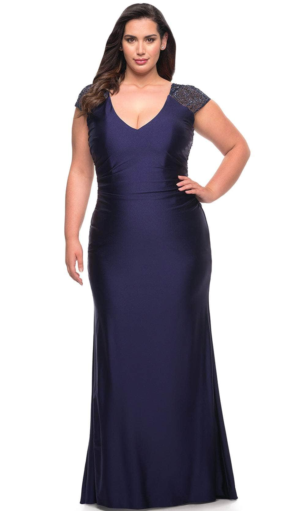 La Femme 29481 - Rhinestone Sleeve Column Dress Special Occasion Dress 12W / Navy