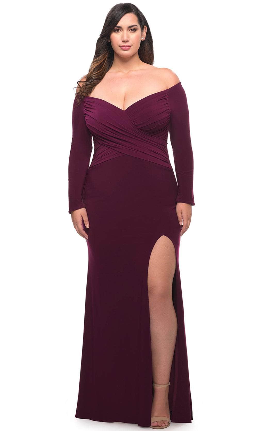 La Femme 29530 - Off Shoulder Long Sleeved Prom Dress Special Occasion Dress 12W / Dark Berry