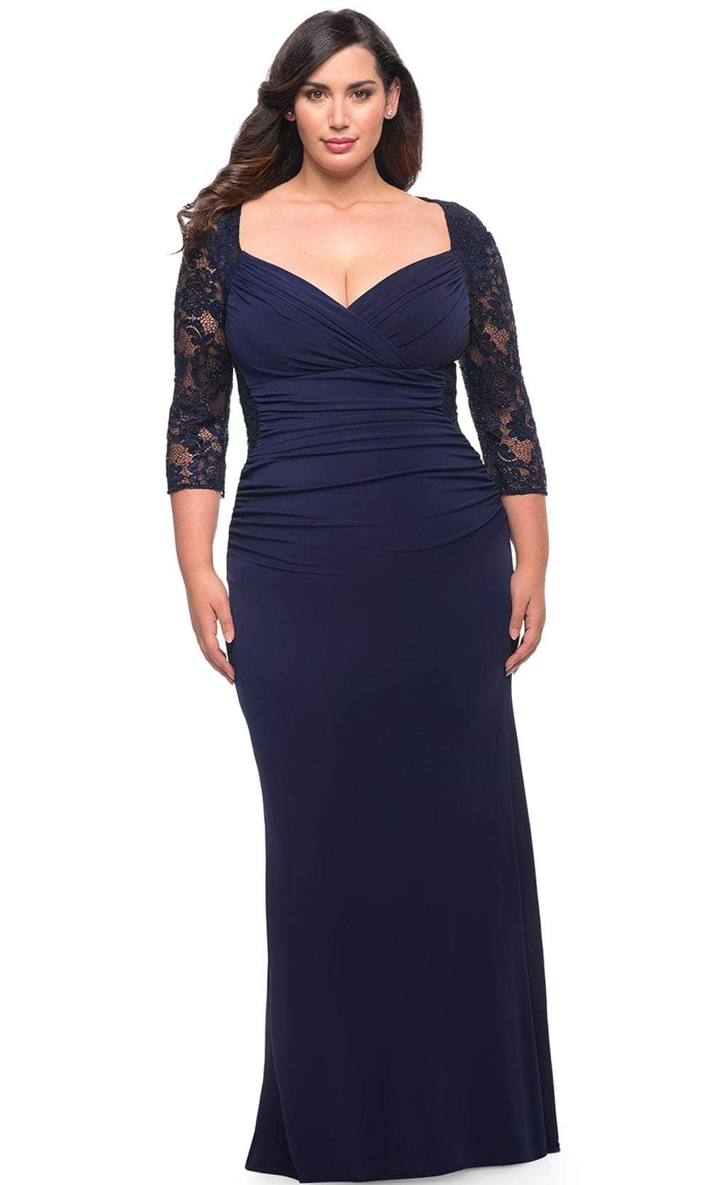 La Femme 29586 - Laced Sleeve Formal Dress Special Occasion Dress 12W / Navy
