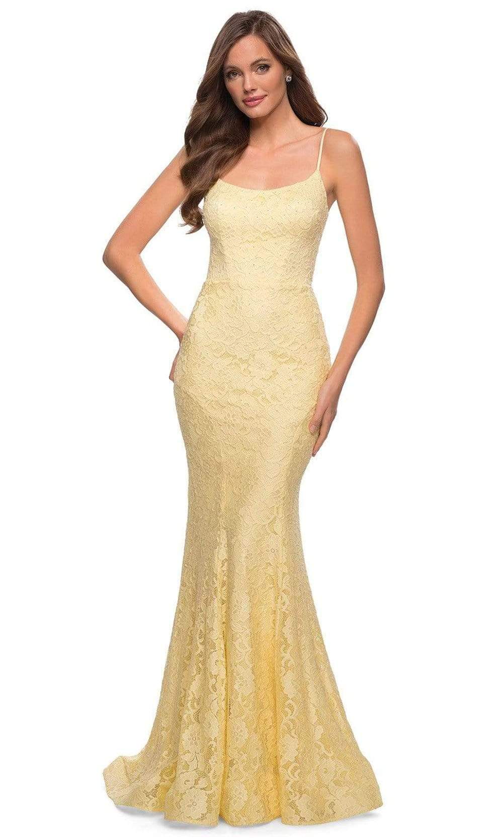 La Femme - 29611 Spaghetti Strap Full Lace Mermaid Gown Special Occasion Dress 00 / Pale Yellow