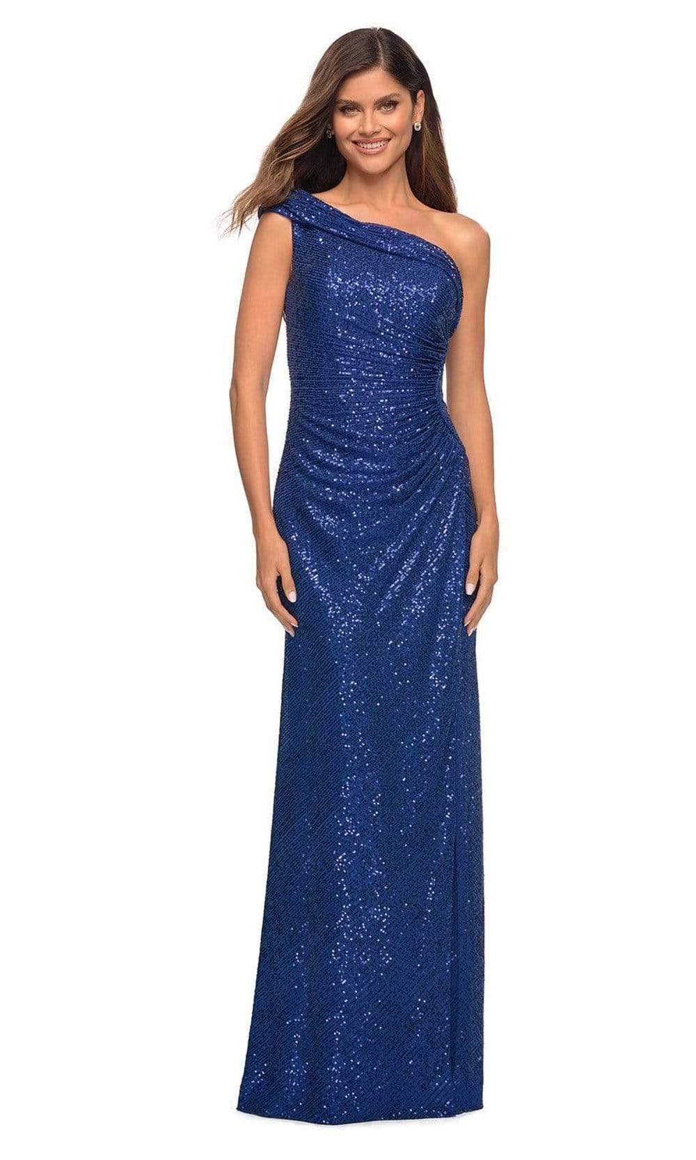 La Femme - 29627 Folded Asymmetric Long Gown Special Occasion Dress 00 / Indigo