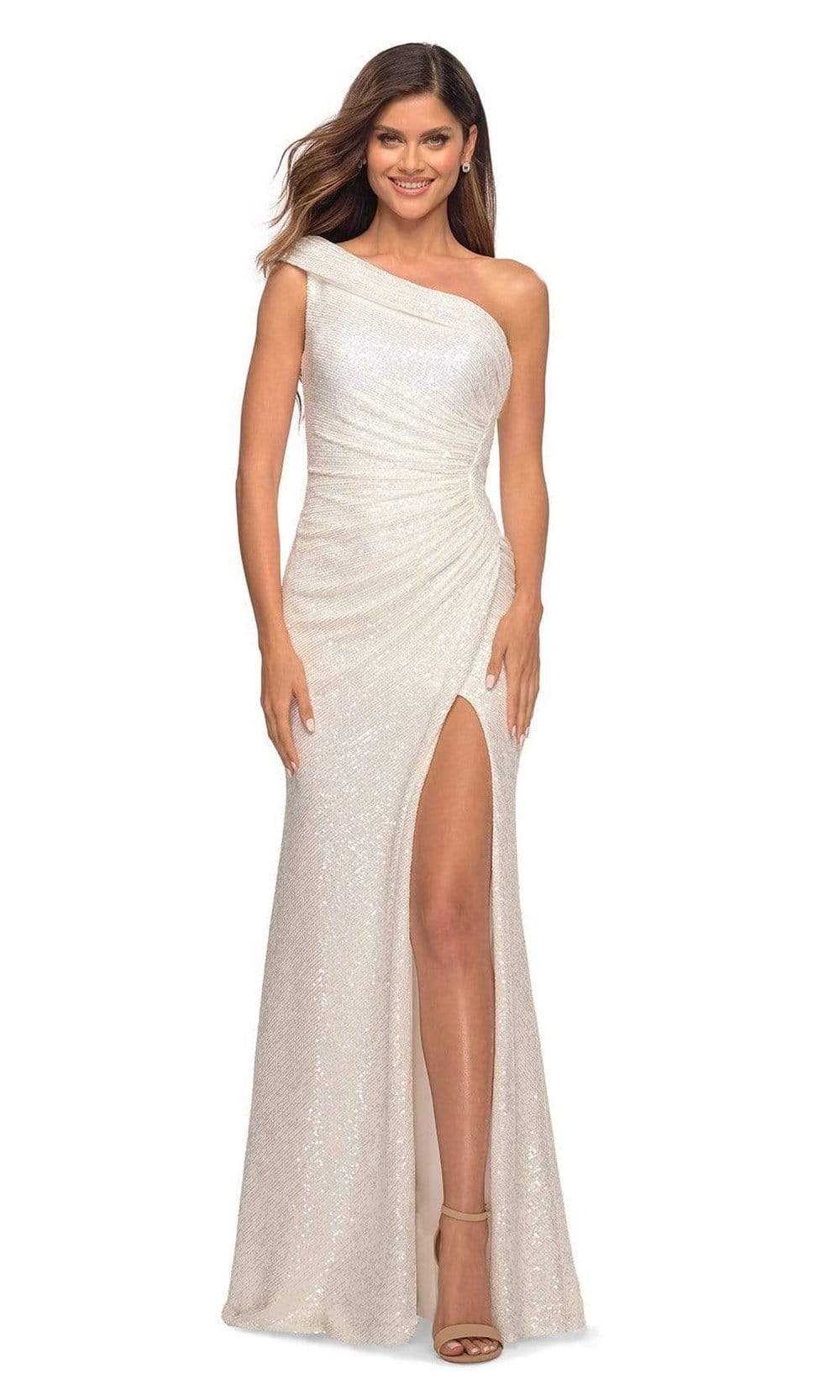 La Femme - 29627 Folded Asymmetric Long Gown Special Occasion Dress 00 / White