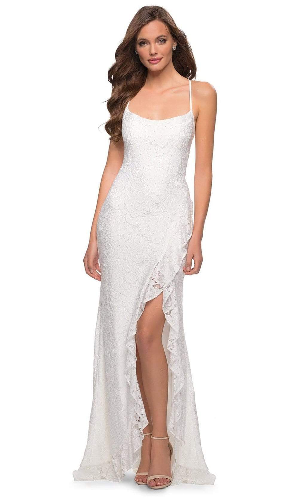 La Femme - 29650 Crisscross Strapped Open Back Ruffle Slit Lace Gown Special Occasion Dress 00 / White