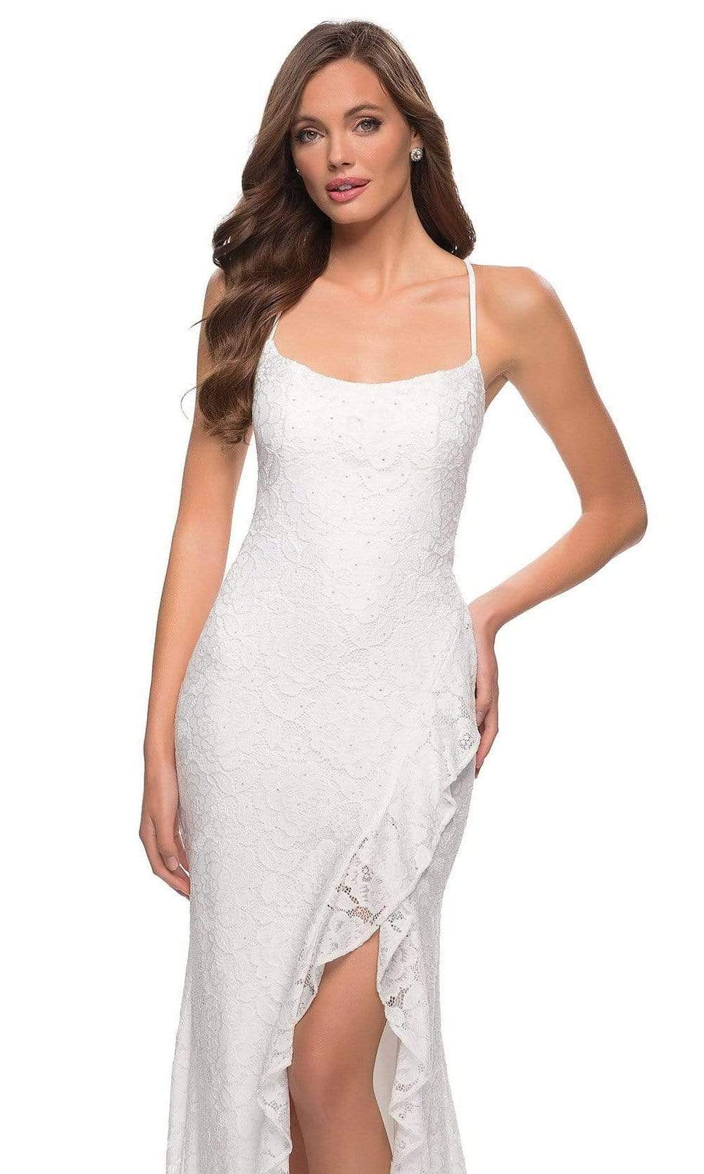 La Femme - 29650 Crisscross Strapped Open Back Ruffle Slit Lace Gown Special Occasion Dress