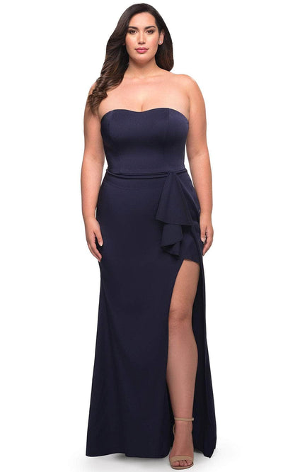 La Femme 29664 - Strapless Ruffled Slit Prom Gown Special Occasion Dress 12W / Navy