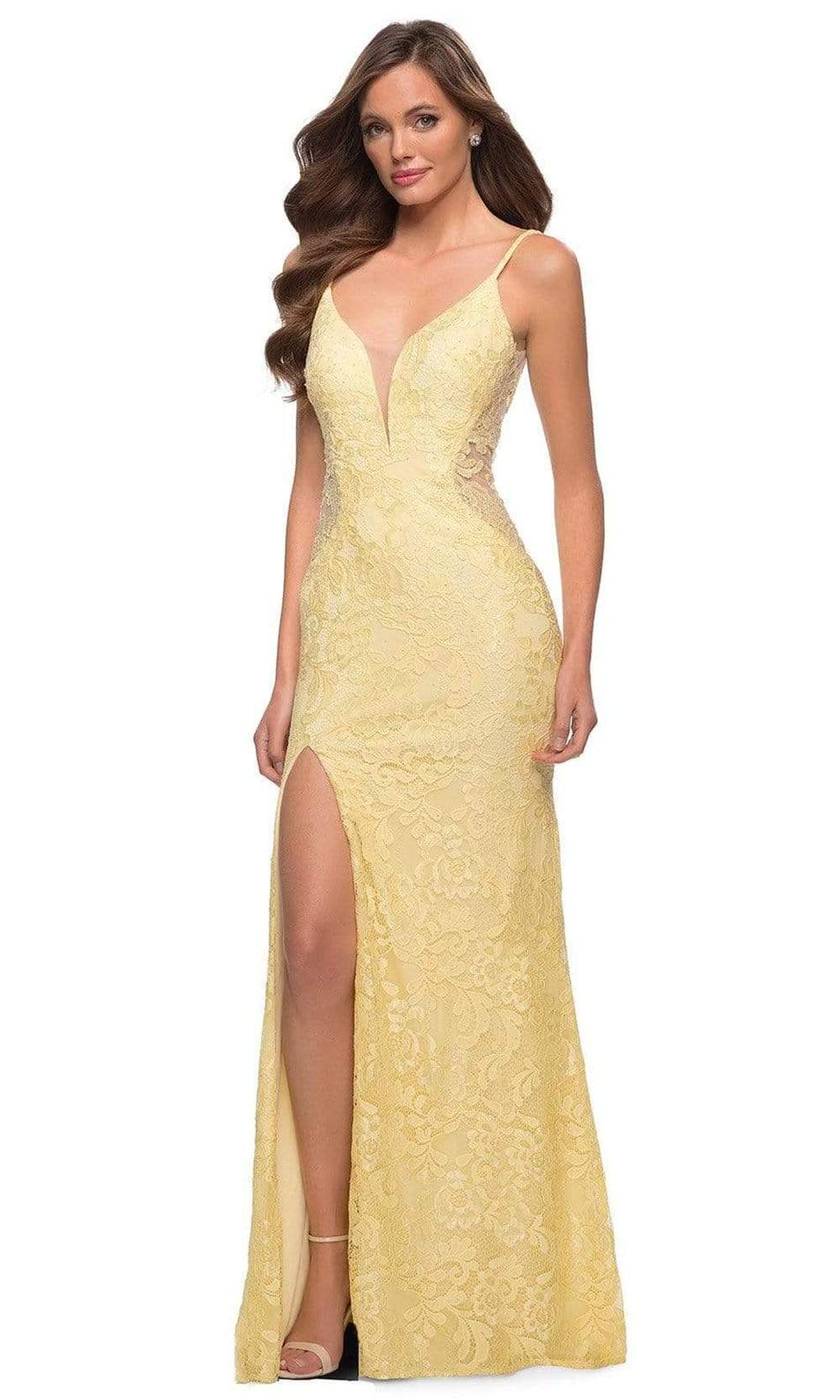 La Femme - 29679 Embellished Lace Deep V Neck Trumpet Dress Prom Dresses 00 / Pale Yellow