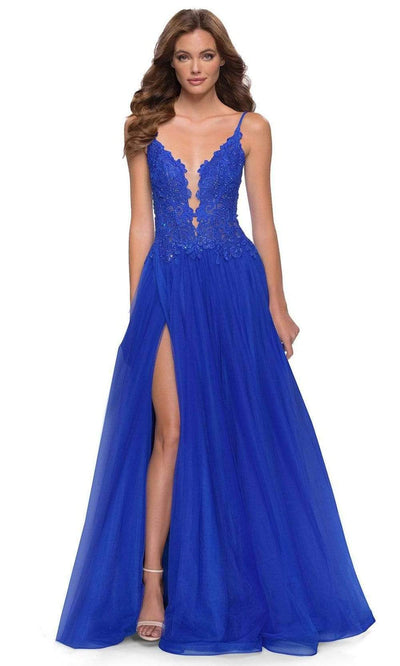 La Femme - 29686 Sparkly Illusion Bodice High Slit A-Line Gown Prom Dresses 00 / Royal Blue