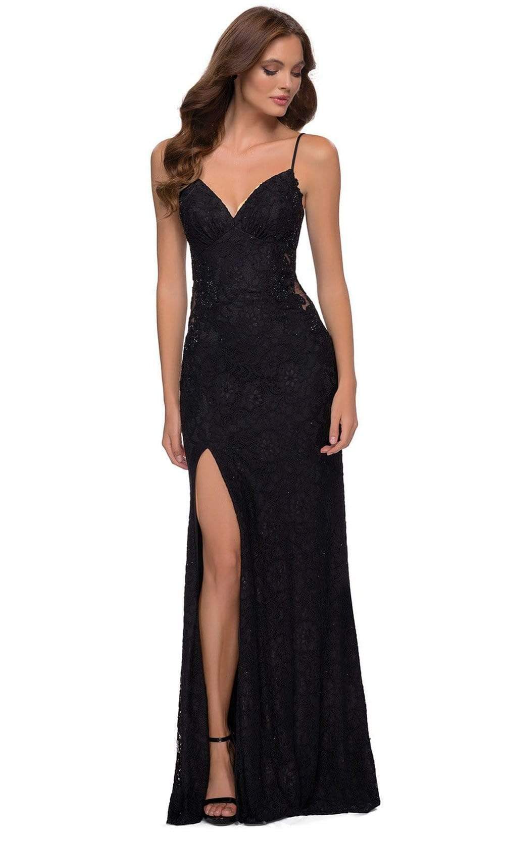 La Femme - 29694 Stretch Lace V Neck Sheath Dress Evening Dresses 00 / Black