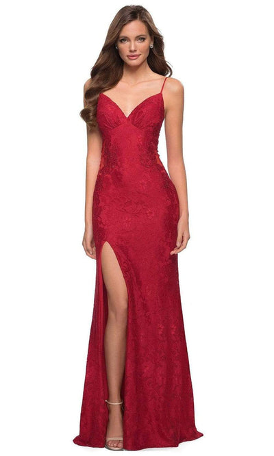 La Femme - 29694 Stretch Lace V Neck Sheath Dress Evening Dresses 00 / Red