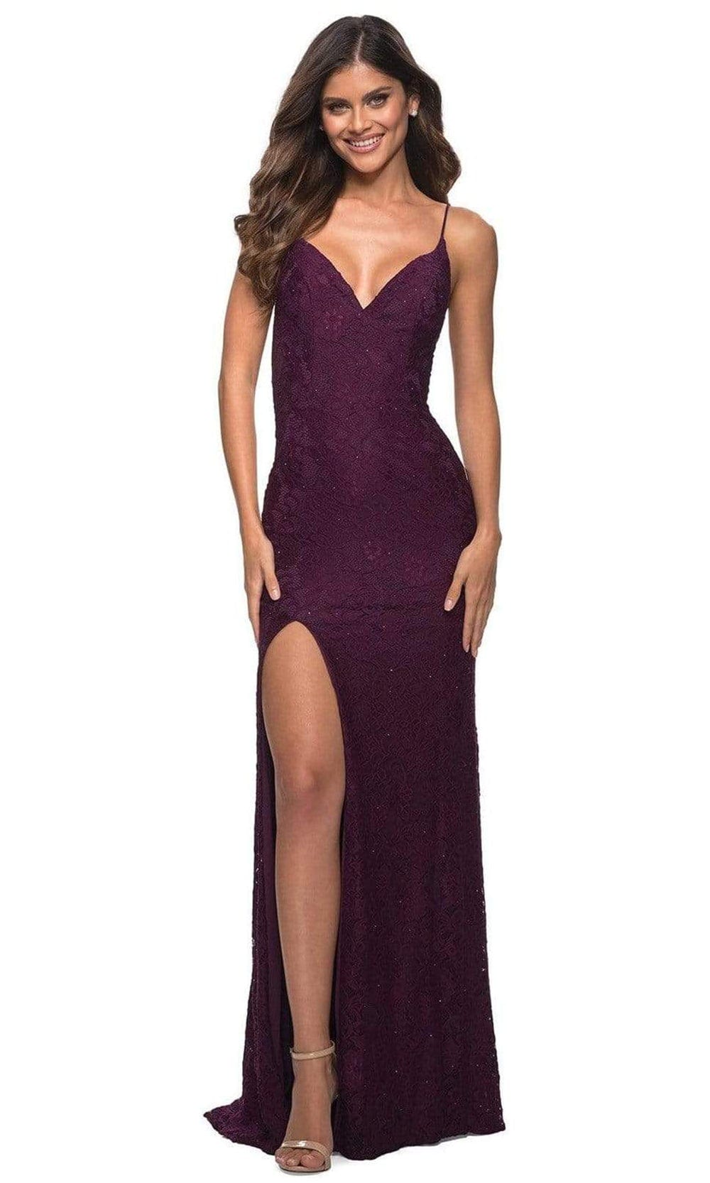 La Femme - 29700 V-Neck Stretch Lace Gown Prom Dresses 00 / Dark Berry