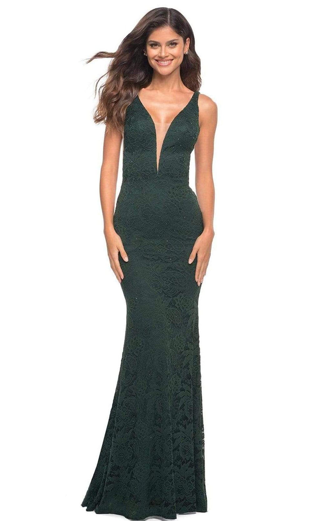 La Femme - 29732 Plunging Beaded Lace Gown Prom Dresses 00 / Dark Emerald