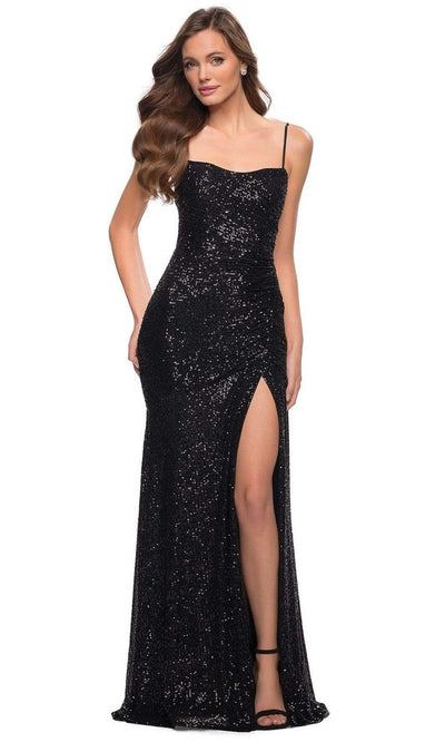 La Femme - 29741 Ruche-Ornate Sequined High Slit Dress Evening Dresses 00 / Black