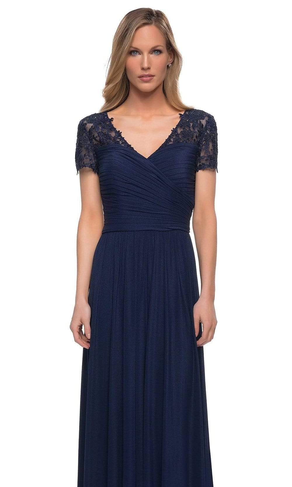 La Femme 29772 - Long A Line Dress - Jersey , Sheer Lace Short Sleeves, Ruched, Full Length, Full Back, Back Zipper ADASA La Femme 29772 - Long A Line Dress - Jersey , Sheer Lace Short Sleeves, Ruched, Full Length, Full Back, Back Zipper ADASA