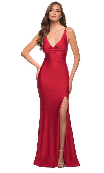 La Femme - 29785 Plunging V Neck Jersey Trumpet Dress Evening Dresses 00 / Red