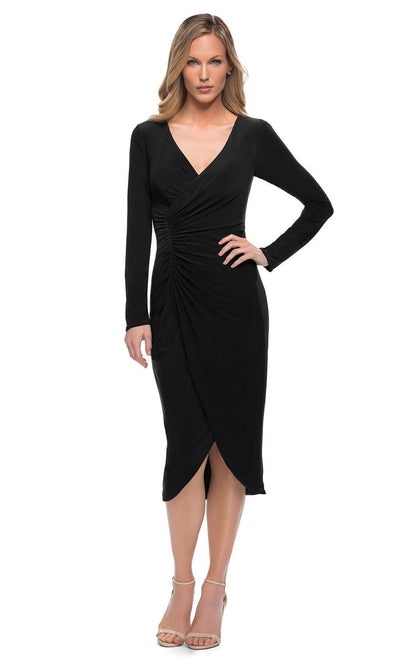 La Femme - 29812 Long Sleeve Ruched Midi Dress Mother of the Bride Dresses 2 / Black