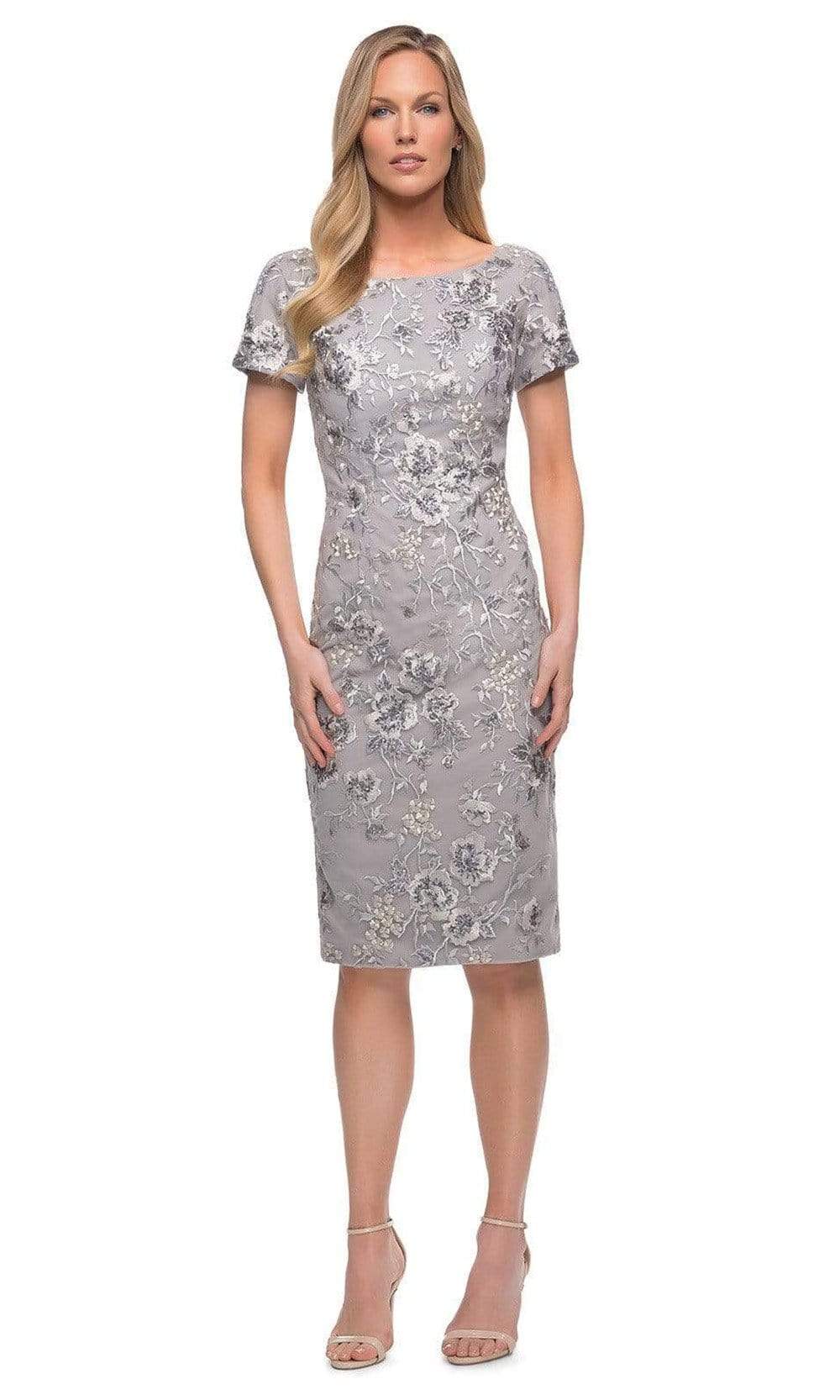 La Femme - 29824 Short Sleeve Floral Embroidered Midi Dress Mother of the Bride Dresses 2 / Silver