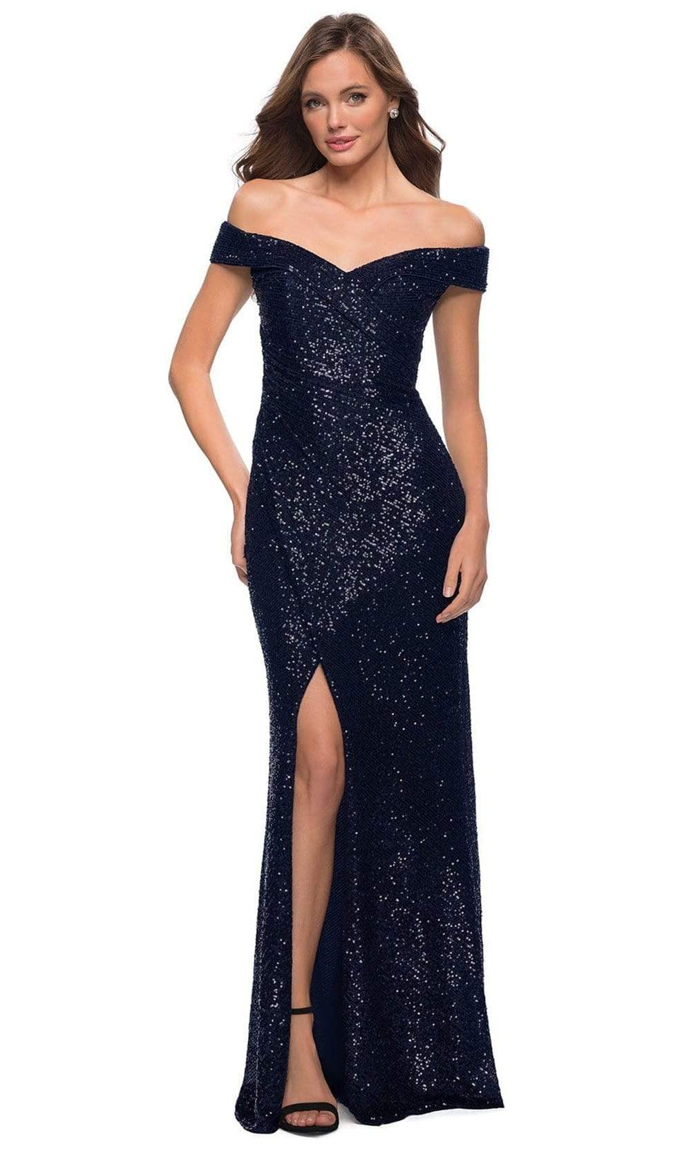 La Femme - 29831 Off Shoulder High Slit Full Sequin Gown Prom Dresses 2 / Navy