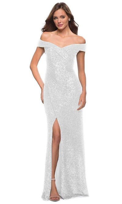 La Femme - 29831 Off Shoulder High Slit Full Sequin Gown Prom Dresses 2 / White