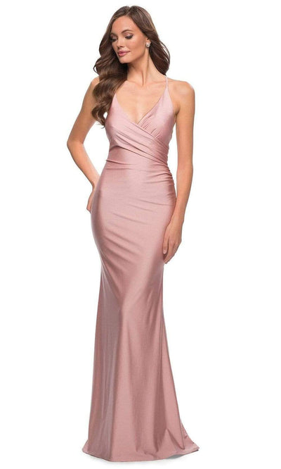 La Femme - 29848 Open Back V-Neck Fitted Silky Jersey Long Dress Prom Dresses 00 / Mauve