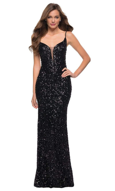 La Femme - 29872 Spaghetti Strap Sequin-Ornate Sheath Dress Evening Dresses 00 / Black
