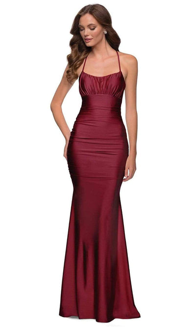 La Femme - 29873 Strappy Open Back Shiny Jersey Fitted Gown Prom Dresses 00 / Burgundy