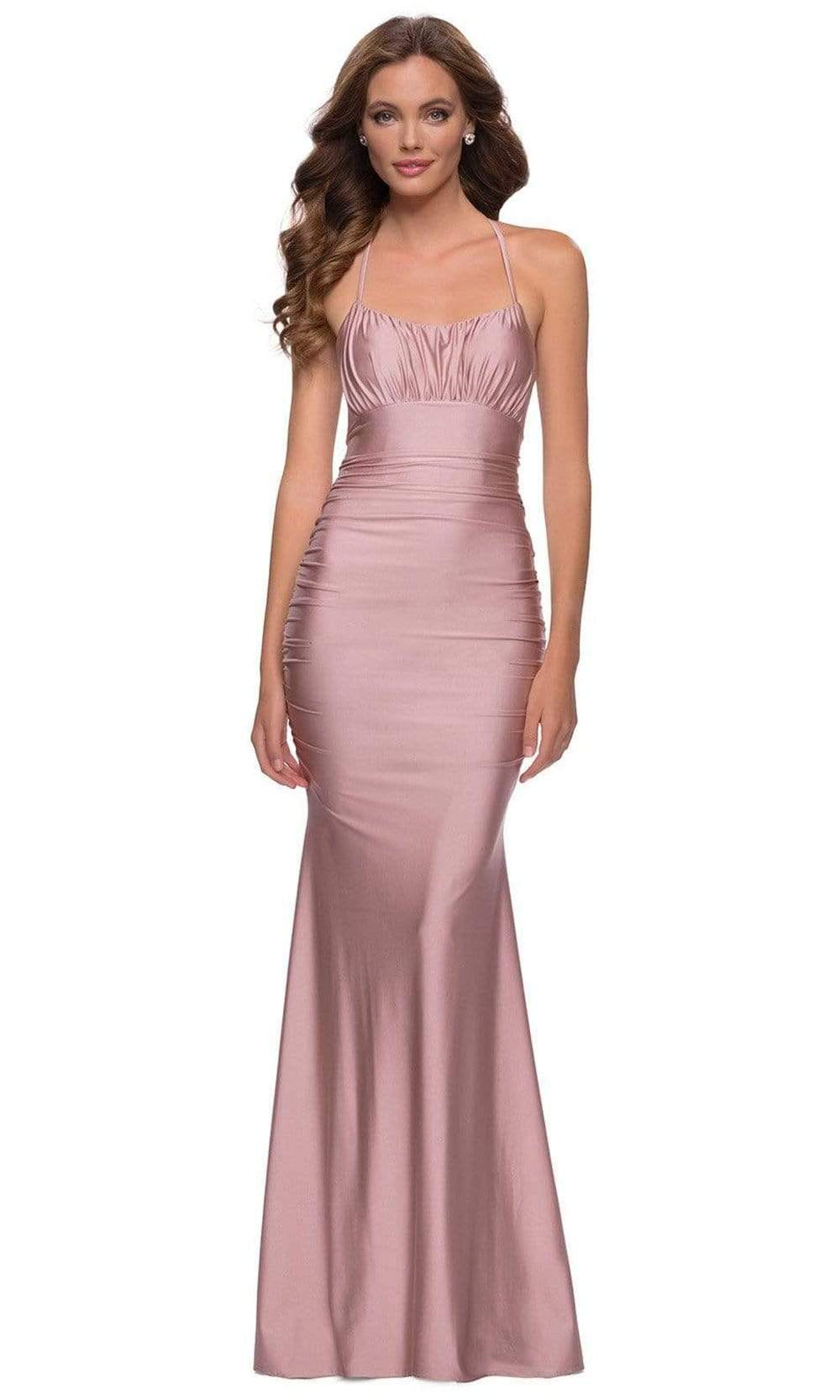 La Femme - 29873 Strappy Open Back Shiny Jersey Fitted Gown Prom Dresses 00 / Mauve